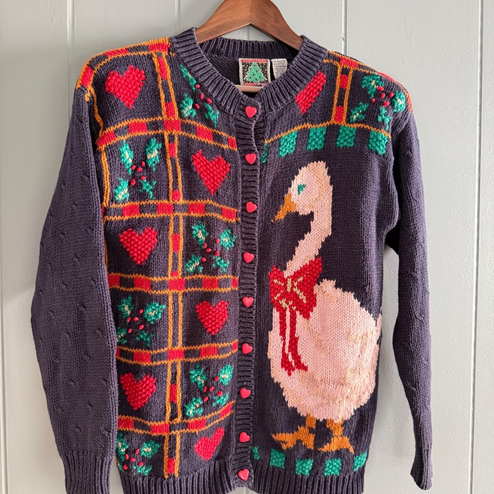 Vtg Casual Corner Christmas Porch Goose Heart Button Cardigan Sweater Navy Small - Picture 4 of 9